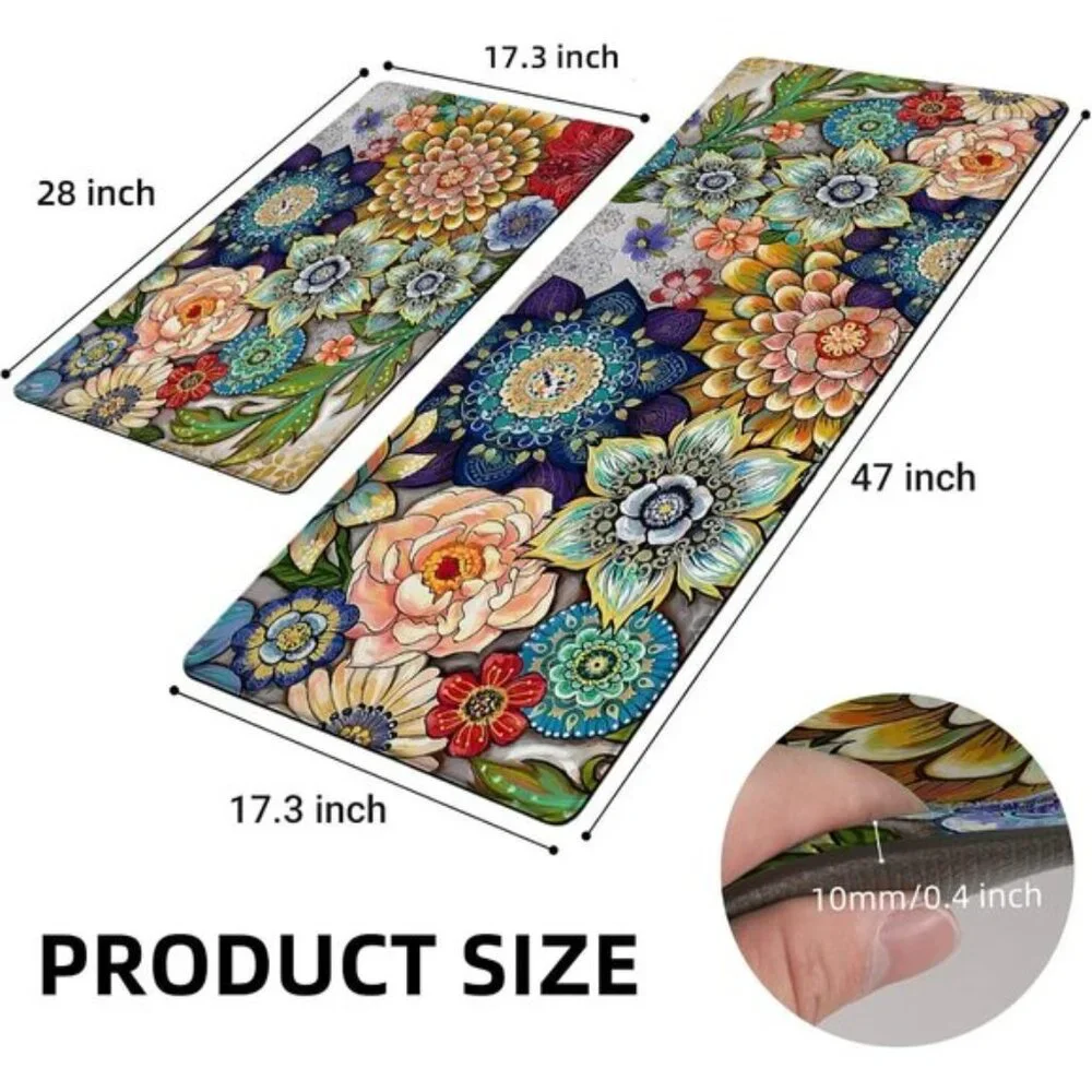 New 2PCS Floral Kitchen Rugs, Non-Slip Cushioned Anti-Fatigue Floor Mats